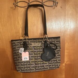 Juicy Couture Black and Brown Logo Jacquard Tote with Heart Charm